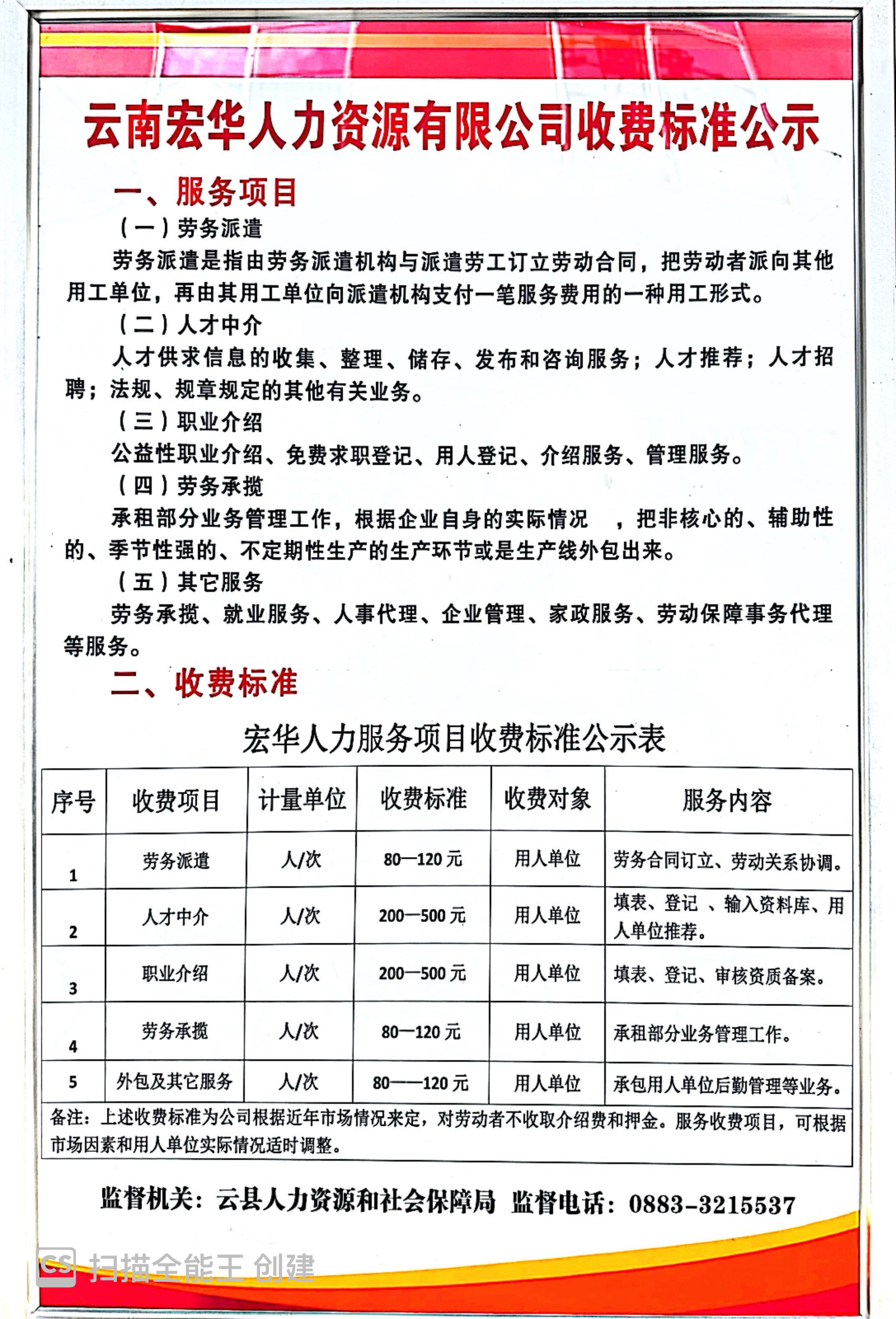 云南宏華人力資源有限公司收費標準公示 云南宏華人力資源有限公司收費標準公示